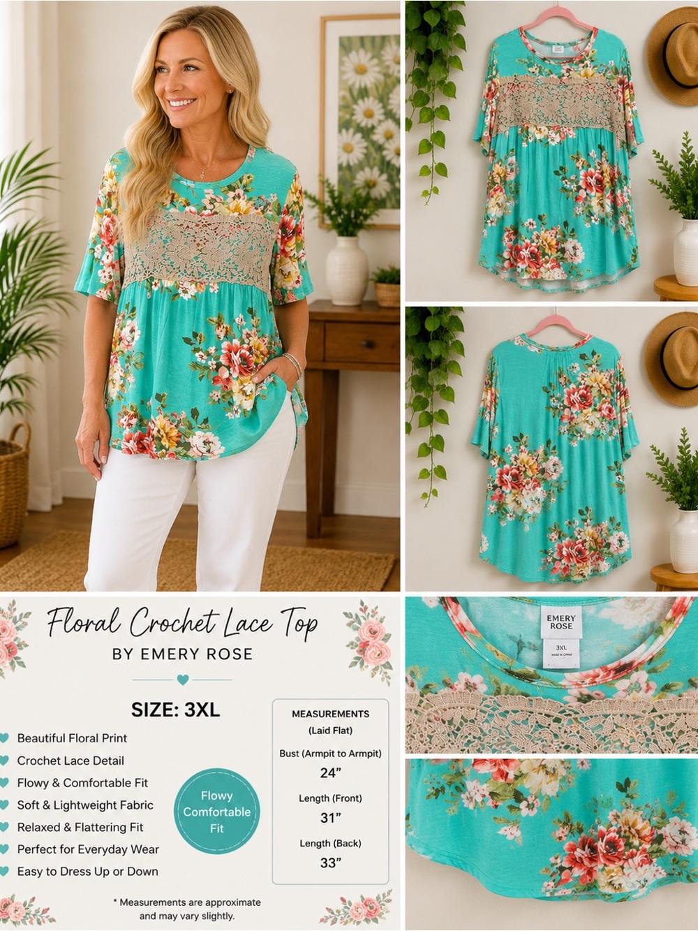 Emery Rose Turquoise Floral Crochet Lace Tunic